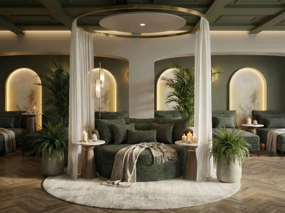 MONDI Tscherms — Relax Room, wizualizacja, okrągła kanapa i arkady