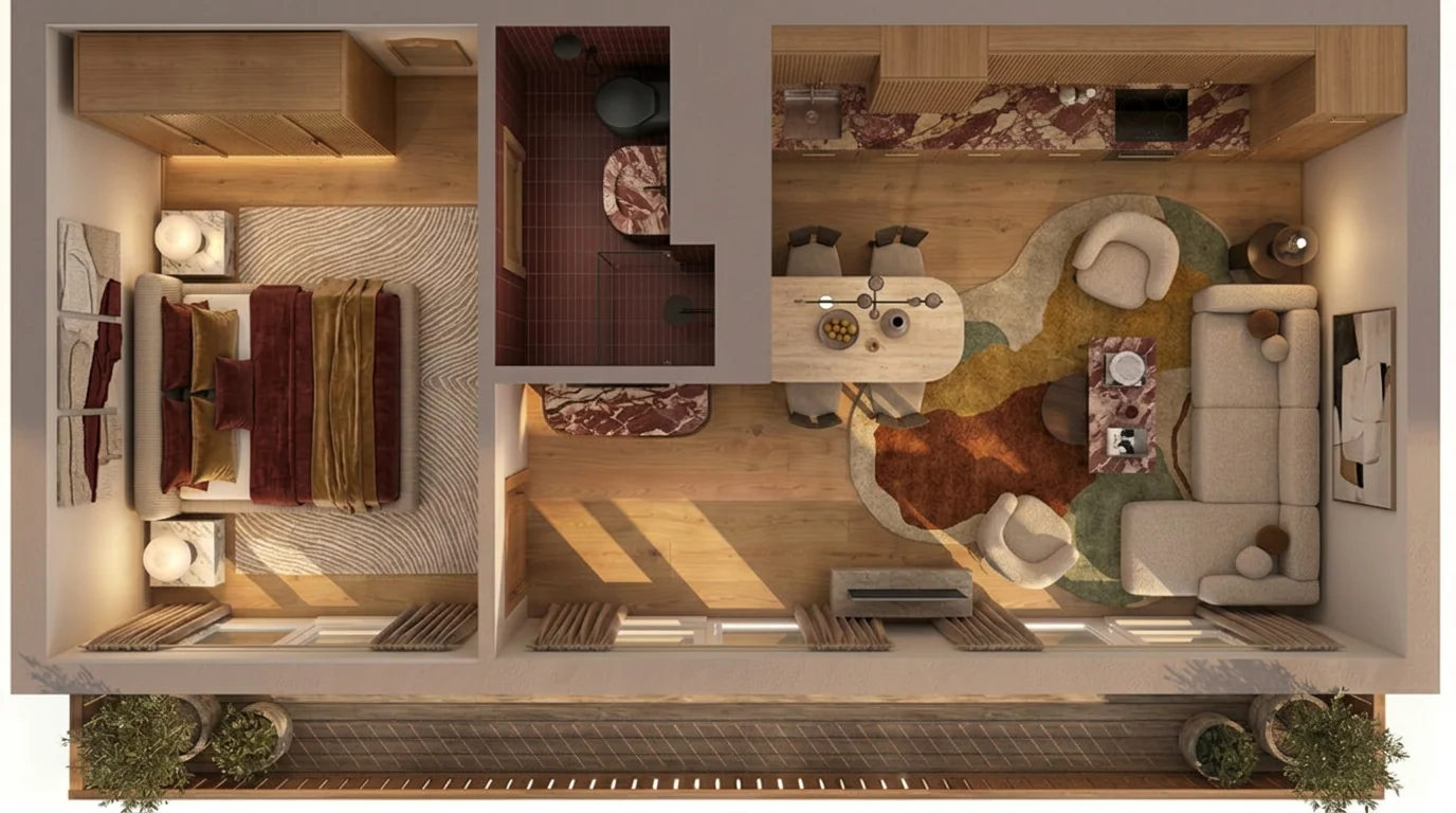 Rzut 3D apartamentu hotelowego — widok z góry, planowanie przestrzeni